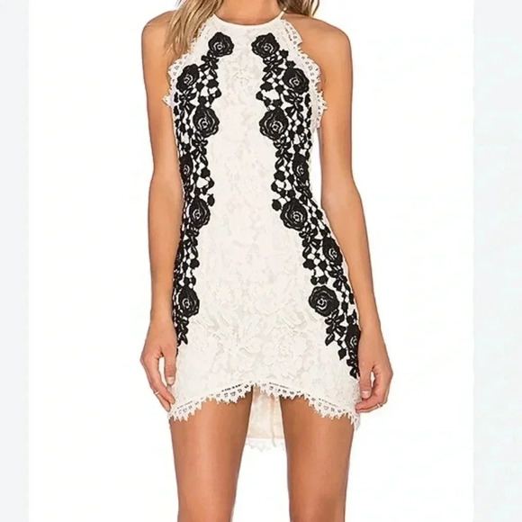 SAYLOR Alexis Mini Dress Lace White Black Halter Asymmetrical Floral Formal S - Picture 1 of 12
